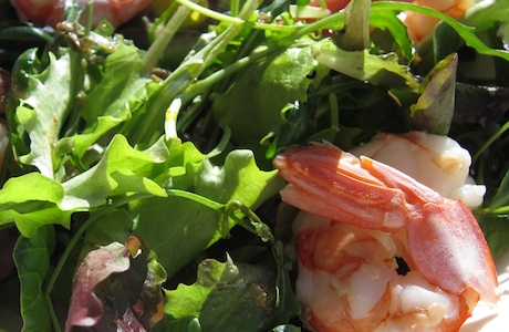 La Misticanza di insalatine ai capperi di Pantelleria con gamberi al vapore, un antipasto di Baita Fraina a Cortina d'Ampezzo