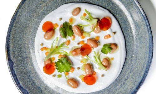 Fagioli rossi, latte di cocco e gelatina al t&egrave; rosso, una ricetta di Simone Salvini, cuoco vegano&nbsp;(foto di Emanuele De Marco)