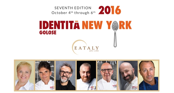 I protagonisti della settima edizione di Identità Golose New York: da sinistra a destra Lidia Bastianich, Matthew Kenney, Massimo Bottura, Alex Atala, Franco Pepe, Niko Romito e Fortunato Nicotra