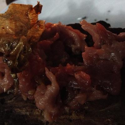 Gourmet beef by Cristiano Tomei, chef at l’Imbuto in Lucca, the starter offered at the gala dinner which took place in the Guado al Tasso estate in Bolgheri