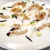 Porto Santo Spirito Squid tagliatelle (breaded, non cooked) with lemon, fennel and squid ink cream, by Neapolitan chef Antonio Borruso of Gimmy&rsquo;s, in Passo dell&rsquo;Aprica (Sondrio), +39.0342.747048, a dish on the menu of the dinner presented by the chefs from Valtellina who are members of the Chic, Charming Italian Chef association
