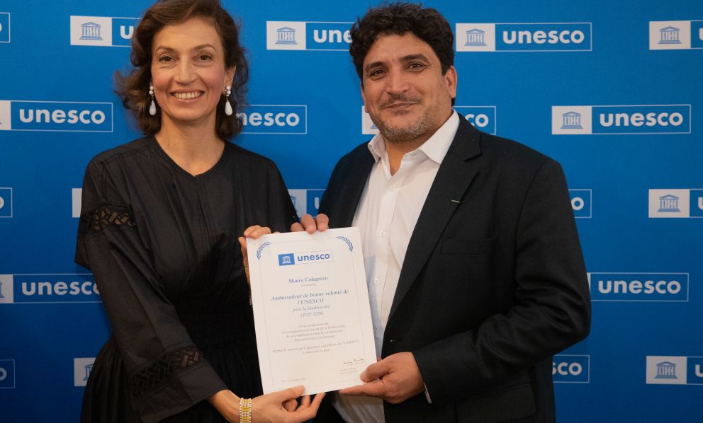 Mauro Colagreco with Audrey Azoulay, Unesco's Director-General, as she awards the Italian-Argentinian chef with the title of Unesco Goodwill Ambassador for Biodiversity
