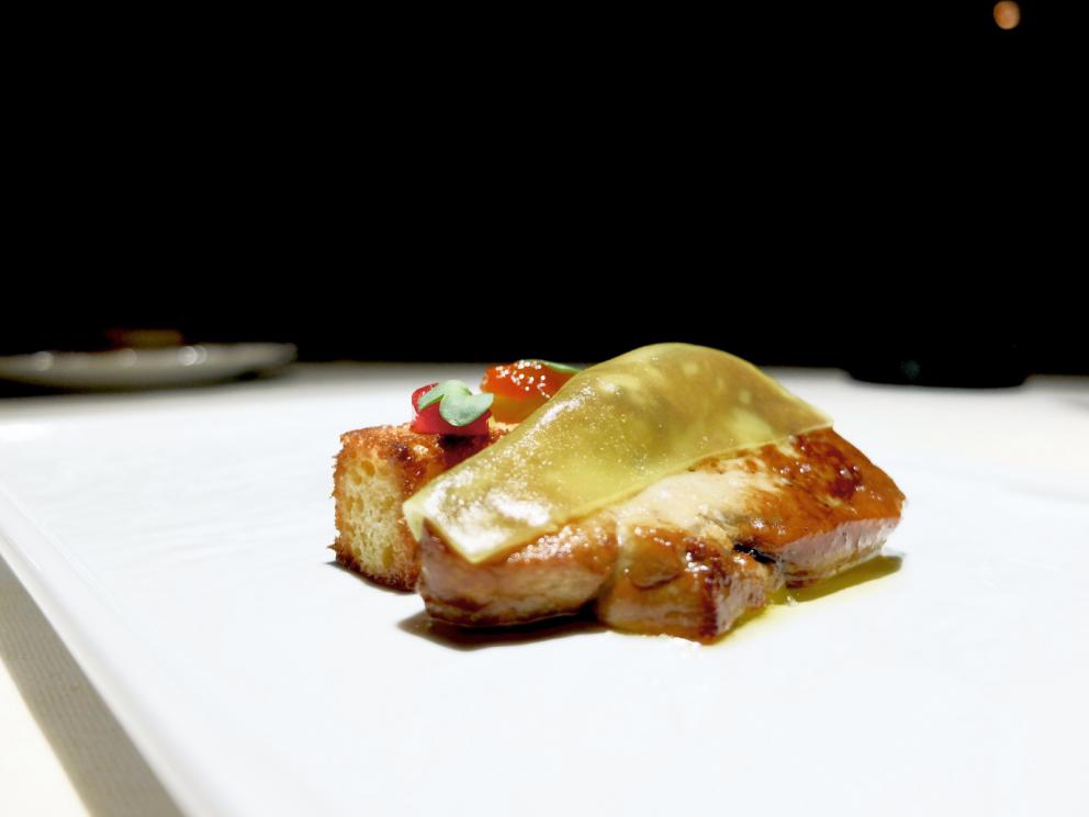 PhotogalleryOur dinner at Stube Gourmet, depicted by Tanio Liotta. We start with Duck breast, pumpkin mostarda, sesame wafer and tarragon 
Savoury cone with veal steak tartare, marjoram and salmon roe
A reconstructed tomato: mousse of tomato, vegetal carbon, mousse of almonds, basil gel
Fake peanut with foie gras, cocoa butter, horn of plenty 
Excellent bread and butter
Giardino di verdure, terra di mandorla, formaggio caprino: marinated, dehydrated, raw or cooked vegetables, with powdered beetroots, almonds and goat cheese
Codfish pearls, dashi broth, ginger, coriander. These gnocchetti look like they&rsquo;re made with potatoes but it&rsquo;s cod and flour
Spaghetti with spinach chlorophyll, daikon, mozzarella, herring roe. The mozzarella is in fact mozzarella water, daikon is in the shape of gel, plus nasturtium sprouts
Carnaroli rice, tarragon, cucumber, currants
