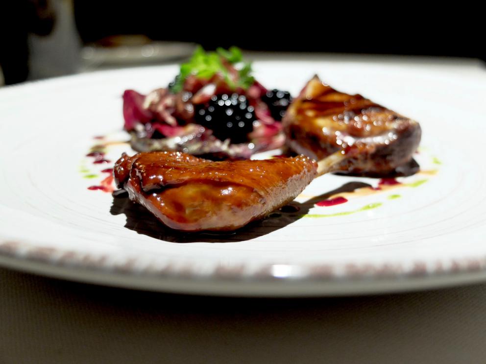 PhotogalleryOur dinner at Stube Gourmet, depicted by Tanio Liotta. We start with Duck breast, pumpkin mostarda, sesame wafer and tarragon 
Savoury cone with veal steak tartare, marjoram and salmon roe
A reconstructed tomato: mousse of tomato, vegetal carbon, mousse of almonds, basil gel
Fake peanut with foie gras, cocoa butter, horn of plenty 
Excellent bread and butter
Giardino di verdure, terra di mandorla, formaggio caprino: marinated, dehydrated, raw or cooked vegetables, with powdered beetroots, almonds and goat cheese
Codfish pearls, dashi broth, ginger, coriander. These gnocchetti look like they&rsquo;re made with potatoes but it&rsquo;s cod and flour
Spaghetti with spinach chlorophyll, daikon, mozzarella, herring roe. The mozzarella is in fact mozzarella water, daikon is in the shape of gel, plus nasturtium sprouts
Carnaroli rice, tarragon, cucumber, currants
Duck foie gras escalope, orange pan brioche, granny smith gel, candied watermelon
