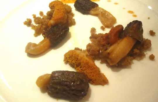 Galleria fotograficaSpugne di pane aromatizzate
Dopo il consueto pre-appetizer delle verdure disidratate (primo contenitore), arrivano le spugne, seconda parentesi colorata che rallegra il pasto dall&rsquo;inizio. In questo caso sono aromatizzate agli spinaci e uova di salmone; alla cipolla cotta al forno con terrina di vitello e alla curcuma con lardo. &laquo;Ma le combinazioni possono essere infinite&raquo;, spiega Matteo Baronetto, braccio destro di Carlo Cracco, &laquo;si possono utilizzare anche in pasticceria al cocco, ai lamponi&hellip; La tecnica &egrave; mutuata da Ferran Adri&agrave;. Abbiamo cercato di personalizzarla nel gusto. A me ricordano molto i canap&egrave; della tradizione piemontese. Senza maionese naturalmente&raquo;. Vivacit&agrave; cromatica ulteriormente ravvivata da un terzo contenitore di foglie di shiso e fiori di zucchina in tempura con riso venere e riso ai piselli fritto (che non vedete perch&eacute;, ahinoi, la foto &egrave; venuta male)Lamponi e sambuco
Nella girandola di appetizer spiccano questi piccoli lamponi farciti con infusione di sambuco serviti sul ghiaccio. &laquo;I suoi fiori in questi giorni li senti anche a Milano, passeggiando al parco. Un odore forte e piacevole. Stiamo lavorando allo stesso concetto anche con le fragole, i mirtilli, il ribes o i gelsi. Un'idea che interpreta quella tradizione sudamericana che ribalta l'ordine delle pietanze, con la frutta all'inizio del percorso, un po' come gi&agrave; succede con la nostra insalata russa caramellata. Sposa nota fruttate e speziate. Ma al posto della frutta potrebbe starci benissimo un'oliva, perch&eacute; no?&raquo;Panino al seitan con insalata e tartufo nero
Un panino di seitan dal contenuto variabile: al congresso di Identit&agrave; Milano 2012, sede della sua anteprima, c&rsquo;erano songino, fiori di piselli e lingua. &laquo;Sono masse di seitan da 15 grammi messe a cuocere nel micro-onde a 90 watt. Il calore fa lievitare il glutine tipo quasi alla maniera del vetro soffiato. L&rsquo;ispirazione ci &egrave; venuta da una ricetta di Simone Salvini letta sul sito di Identit&agrave; Golose&raquo;. A Milano la lingua cancell&ograve; l&rsquo;apparente connotazione vegana del piattoOstriche, crema di piselli e menta
&laquo;Ostriche con semplice crema leggera di latte e piselli messa nel sifone. Combina lo iodato dell&rsquo;ostrica, la dolcezza dei piselli e la freschezza dei menta. La puoi aggiungere anche sui tartufi di mare&raquo;Uovo di quaglia affumicato al rosmarino e prezzemolo bollito
&laquo;L&rsquo;uovo di quaglia viene bollito e pelato. Il tuorlo &egrave; laccato con gelatina di latte ai capperi. Le due met&agrave; dell&rsquo;albume sono arricchite con crema leggera di prezzemolo bollito. C&rsquo;&egrave; una nota affumicata al rosmarino, che gli diamo prima di farcire. &Egrave; un piatto che ricorda un po&rsquo; le uova sode ripiene&raquo;. Giusto il ricordoFoglie di shiso rosse e verdi con gambero e melassa di cipolla
&laquo;Un gambero (ligure, e quindi pi&ugrave; piccolo di quelli pescati in Sicilia) viene posto tra due foglie di shiso a carpaccio, tagliato e tenuto in frigo per 8 ore in modo che gli elementi si compenetrino d&rsquo;aromi l&rsquo;un l&rsquo;altro. La melassa &egrave; ottenuta invece stracuocendo in forno la cipolla, che si addenser&agrave; sfruttando i suoi zuccheri naturali. Completa l&rsquo;opera il nero hawaiano, un sale minerale, vulcanico. E un tocco di burro fuso per aiutare la balsamicit&agrave; dello shiso a esprimersi&raquo;Orata cotta appena su croccante di nocciole
&laquo;Il croccante viene messo in forno per 3 minuti. Tirato fuori, gli si poggia sopra il sashimi di orata, che 'cuocer&agrave;' cos&igrave; acquisendo la nota dolce dell'olio naturale del croccante&raquo;. Una sorta di sashimi alla piemontese. Vietato mangiare il croccantino sottostante perch&eacute; altrimenti l'orata non si sente. Semmai dopo...Salmone marinato e foie gras
Piatto in carta da Cracco pi&ugrave; o meno da un anno, &egrave; un inno all&rsquo;opulenza e alle note grasse. &laquo;Volevamo dare una variante allo stra-classico salmone col burro spalmato sul crostino&raquo;, spiega Baronetto.&nbsp;Il boccone del salmone senza foie gras deve rimanere per ultimo &laquo;senn&ograve; l&rsquo;avremmo chiamato foie gras e salmone&raquo;Gamberi, nocciole cotte e sambuco
La fonte d'ispirazione c'&egrave; ma proprio non si vede: &egrave; la celebre passatina di ceci con gamberi di Fulvio Pierangelini.&nbsp;&laquo;Casualmente ci siamo accorti che la nocciole, se bollite e messe per breve tempo in forno, prendono la consistenza dei ceci, o comunque di un legume&raquo;. L'ulteriore nota distintiva dal masterpiece pierangeliniano sono il sambuco e le foglie di rucola: &laquo;danno una nota agliacea e leggermente piccante che a me piace molto&raquo;Lattume, fagiolini, acetosella
Un piatto all'apparenza hardcore (il lattume &egrave; lo sperma delle gonadi del tonno maschio), stemperato dalla presenza di foglie di acetosella e da fagiolini liguri pelandroni, specie molto pi&ugrave; tenera delle taccole.&nbsp;&laquo;Li abbiamo cotti nel t&egrave; Lapsang Souchong per dare loro una nota affumicata. Questo aiuta a lenire il sapore densissimo del lattume, appena scottato. Per certi versi questo piatto mi ricorda un po' il filone di vitello piemontese, col midollo della spina dorsale. E' un modo per valorizzare una primizia, il lattume, che in queste settimane, coi tonni che invadono il Medterraneo a scopo riproduttivo, &egrave; fantastico&raquo;Tagliolini di farina di grano arso con salsiccia cruda e salsa al rafano
Ci torneremo presto nella newsletter Identit&agrave; di Pasta