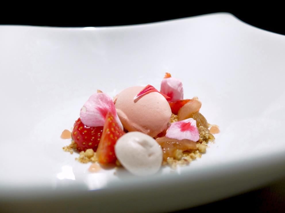 PhotogalleryOur dinner at Stube Gourmet, depicted by Tanio Liotta. We start with Duck breast, pumpkin mostarda, sesame wafer and tarragon 
Savoury cone with veal steak tartare, marjoram and salmon roe
A reconstructed tomato: mousse of tomato, vegetal carbon, mousse of almonds, basil gel
Fake peanut with foie gras, cocoa butter, horn of plenty 
Excellent bread and butter
Giardino di verdure, terra di mandorla, formaggio caprino: marinated, dehydrated, raw or cooked vegetables, with powdered beetroots, almonds and goat cheese
Codfish pearls, dashi broth, ginger, coriander. These gnocchetti look like they&rsquo;re made with potatoes but it&rsquo;s cod and flour
Spaghetti with spinach chlorophyll, daikon, mozzarella, herring roe. The mozzarella is in fact mozzarella water, daikon is in the shape of gel, plus nasturtium sprouts
Carnaroli rice, tarragon, cucumber, currants
Duck foie gras escalope, orange pan brioche, granny smith gel, candied watermelon
Pigeon in three styles of cooking. In this case leg confit with blackberries and hazelnut sauce
Pigeon tartare on radicchio, compote of onions and blackberries
Chargrilled pigeon breast
Lamb sweetbreads with calamari, black garlic and sorrel 
