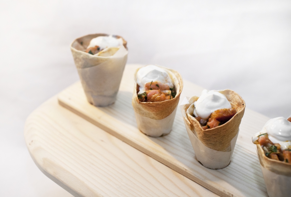 PhotogalleryCold tomato soup with vegetable brunoise, toasted bread with mizidra&nbsp;(Yiannis Loukakos)Saut&eacute;ed tuna filet with aubergine caponata (Yiannis Loukakos)Crispy fried shrimps from the Amvrakikos Gulf with tarama and caper sauce (Yiannis Loukakos)