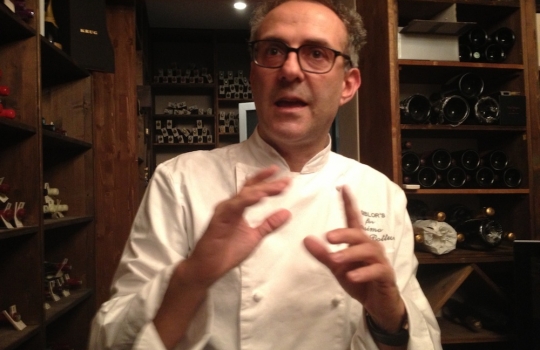 Photogallery






 
Modena’s colonnades, 186 thousand inhabitants and 3 restaurants with at least one Michelin star: Hostaria del Mare (1), Erba del Re (1) and Osteria Francescana (3 stars), our destination
 








Yellow and red tones prevail








The city still bears the signs of the May 2012 earthquake. On May 4th 2013, the day of our visit, a 3.8 magnitude earthquake was registered













By chance, Giuseppe Palmieri, maître and sommelier, appears from the grey door








Palmieri, 38, born in Matera. His first service in Francescana was on September 12th 2000








The old entrance to the restaurant, at number 24 in Via della Stella - as on the opening in 1995. It changed in September 2012: today you enter from number 22. Funnily enough, Google Maps is still set on the old entrance








The present entrance doors








Let’s start








After the latest renovations, the transit areas inside the Osteria appear as a contemporary art gallery








Mario Schifano’s world map








"Tourists", Maurizio Cattelan’s famous pigeons








Underneath the pigeons, Gavin Turk’s “Trashbag”








Three rooms, 12 tables, between 20 to 35 guests. 40% guests are Italian








Every table is illuminated by Davide Groppi’s Sampei lamp: if tables are moved, light follows








Francescana receives 150 reservations every day. But it also suffers from clients not showing up: on average, one table every week is booked but then guests don’t come








Right behind the kitchen, there’s the prêt-à-porter cellar








"In the central cellar, we only keep great vintages and larger bottles of what we consider to be great wines", Beppe Palmieri explains








1,600 wines are listed at Osteria Francescana, with a deep wine list which includes different vintages of the same wine








"A true celebration of wine "








The Ferrari coat, hanging in the cellar: Maranello is only 17 km away from Modena








Jean Todt, Michael Schumacher, Fernando Alonso: Ferrari’s “prancing horse” is at home in Via Stella








Gabrio Bini’s wines, from Pantelleria, a real fetish for Palmieri













Hanging from the ceiling, a nice selection of cured meats from Emilia








Bread made with mother yeast, the premise to a journey which will alternate great classics with very contemporary dishes





