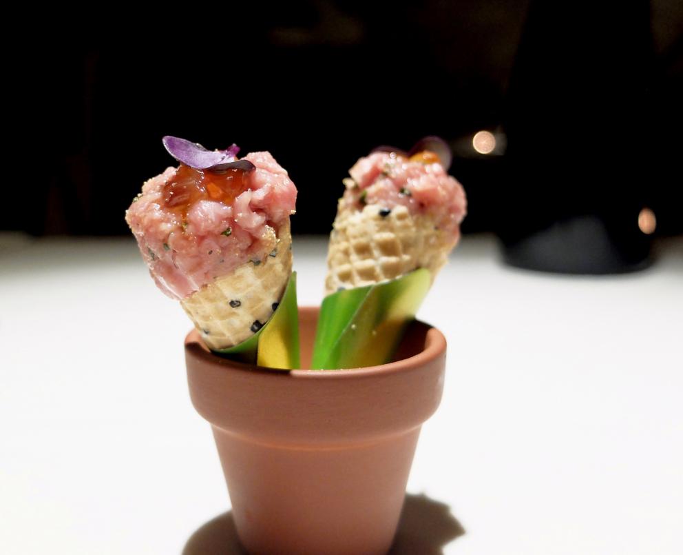 PhotogalleryOur dinner at Stube Gourmet, depicted by Tanio Liotta. We start with Duck breast, pumpkin mostarda, sesame wafer and tarragon 
