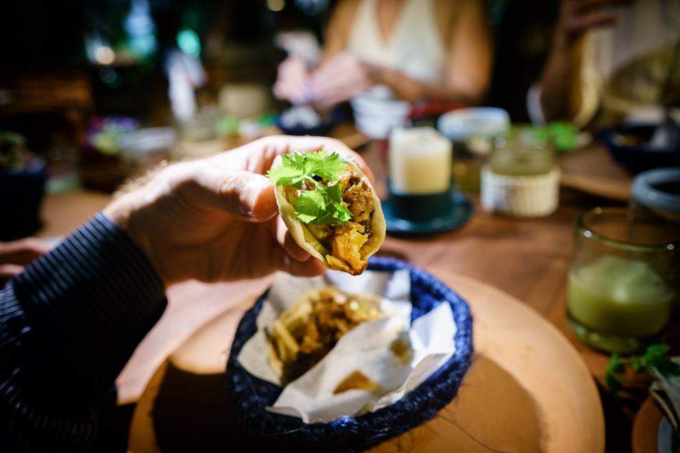 Galleria fotograficaChampagne&nbsp;Louis Roederer&nbsp;2009, Blanc de blancs
Pi&ntilde;uela e tamarindo
Pi&ntilde;uela&nbsp;e tamarindo, da vicino
Vongola regina dal golfo di California
La vongola da vicino
Saluto con pomodori disidratati e chapulines&nbsp;
Brodo freddo di masa con lime e fiori del momento
Mead, birrificio&nbsp;Escollo, stato di&nbsp;Quer&eacute;taro
Cocco giovane e caviale
Vino: Presencia Casual 2014, da uve Semillon,&nbsp;Luis-Antoine Luyt, Cile
Frutta tropicale e Chile de arbol (peperoncino Coda di topo)
Frutta locale
Ceviche di banana e olio di alghe kelp
Alga kelp gigante e michelada di cozze
Taco di spinaci Chaya&nbsp;con ostriche fresche dalla Bahia Falsa (Baja California)
Il taco da vicino
Amber ale del&nbsp;birrificio Cebia,&nbsp;Merida
Zucca grigliata per intero
Una notte sotto le stelle
Tostada con escamoles (larve di formiche)
La tostada da vicino
Birra Golden Sour del birrifico&nbsp;Wendlandt di&nbsp;Ensenada (Messico)
Polpo appena cotto in crosta di sale masa
Il polpo cotto su salsa dzikilpak
Ancora il polpo
Tortillas da Yaxunah
Altre tortillas
Epazote, pomodoro verde e mezcal
Lo chef Ren&egrave; Redzepi
Lech&oacute;n (maialino da latte)
Cerdo pel&oacute;n (maiale creolo messicano) e grano&nbsp;macinato fresco da Yaxunah
