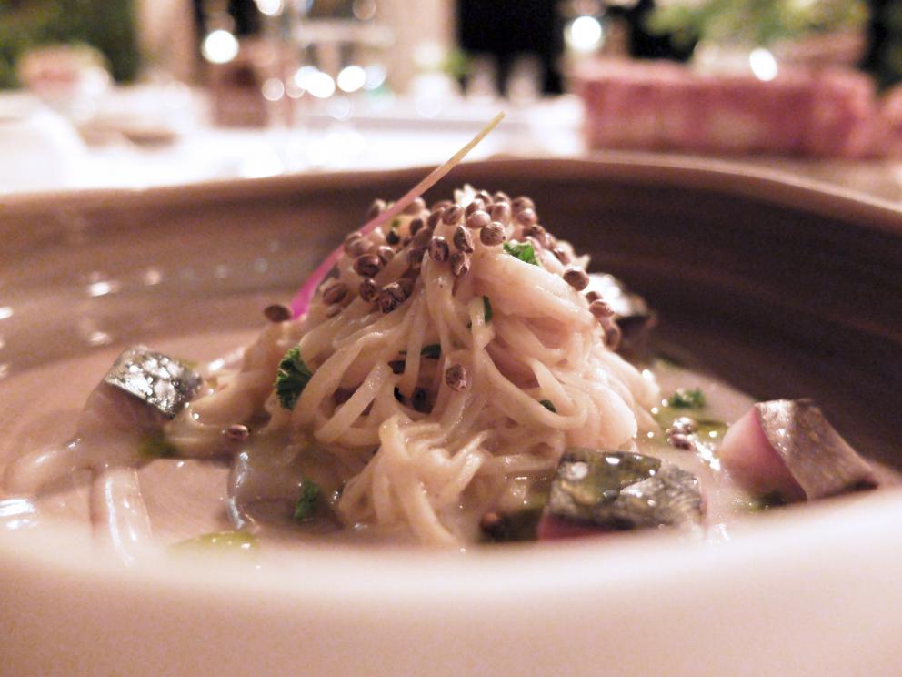 Photogallery






Our dinner at Meo Modo starts with various appetizers: hake tartare, gel of black olives and lime, sheep’s milk cheese with extra virgin olive oil and cypress, oregano and cheese cracker, black tomato with saffron mayonnaise, fermented tomato with crispy millet, pearls of crispy codfish









Celery sorbet, barbe brunoise and hazelnuts 









Fantastic salad made with 25 vegetables from the kitchen garden, with beetroot cream and cereal biscuit served with mushrooms, mushroom sponge, musk aroma and tomato infusion









The mushrooms sponge, aroma of musk and tomato infusion served with the salad









Squilla mantis, its crispy legs, cream of potato and lemon, crustacean bisque, cream of Palazzetto saffron









Chicken entrails, chicken liver pâté, smoked eel, puffed rooster crest






