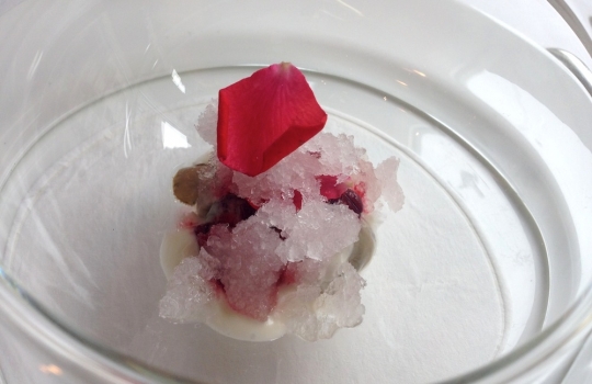 Galleria fotografica






Acqua, olio, limone e liquirizia ormai un classico taglientiano. Apertura fresca e aromatica (la ricetta è qui)








Bianco e nero di seppia, il piatto più ruffiano del nostro percorso: sotto le sfoglie di seppia che disegnano un tao, la panna cotta ai ricci di mare invita a ripulire il piatto in ogni briciola. La simmetria del piatto è interrotta da uno spaghetto stracotto, "simbolo di italianità"





