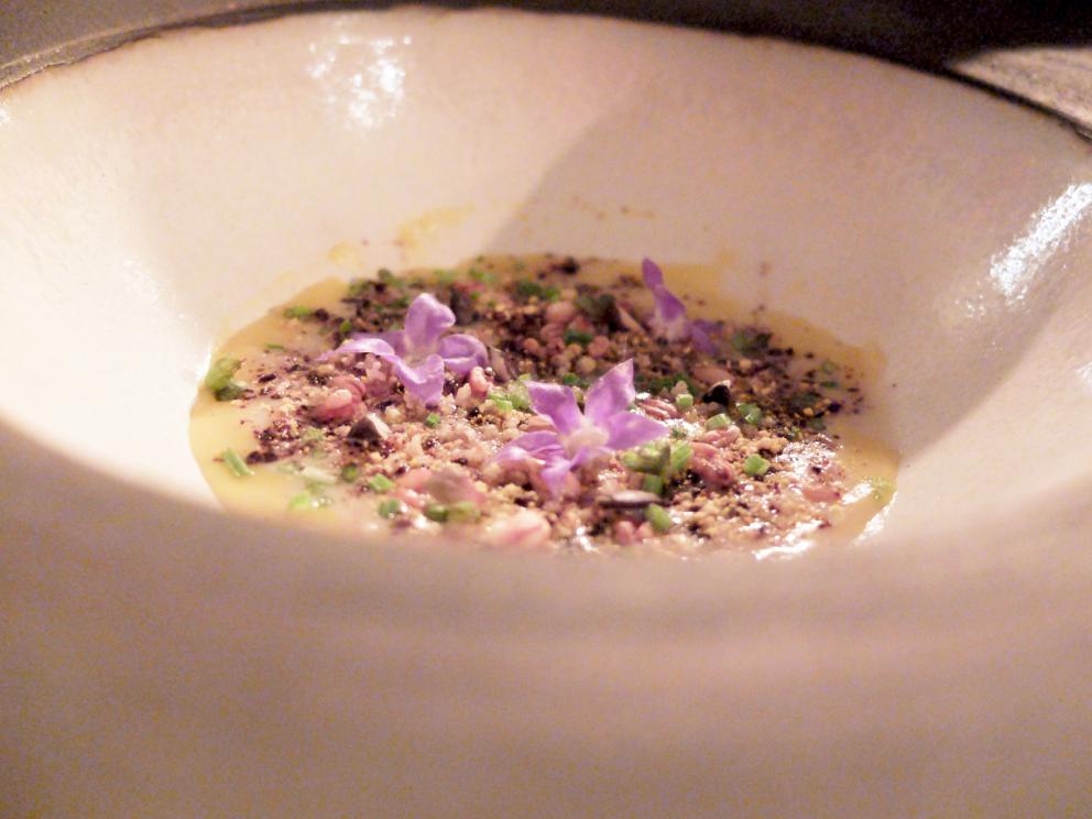 Photogallery






Our dinner at Meo Modo starts with various appetizers: hake tartare, gel of black olives and lime, sheep’s milk cheese with extra virgin olive oil and cypress, oregano and cheese cracker, black tomato with saffron mayonnaise, fermented tomato with crispy millet, pearls of crispy codfish









Celery sorbet, barbe brunoise and hazelnuts 









Fantastic salad made with 25 vegetables from the kitchen garden, with beetroot cream and cereal biscuit served with mushrooms, mushroom sponge, musk aroma and tomato infusion









The mushrooms sponge, aroma of musk and tomato infusion served with the salad









Squilla mantis, its crispy legs, cream of potato and lemon, crustacean bisque, cream of Palazzetto saffron









Chicken entrails, chicken liver pâté, smoked eel, puffed rooster crest









Excellent Verna wheat tagliolini with cream from the same wheat and apple geranium, mackerel cooked at low temperature and hemp seeds 






