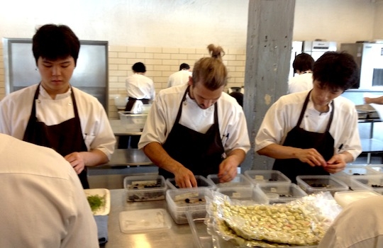 Galleria fotografica






In cammino verso il Noma. Il ristorante è al piano terra del palazzone più a sinistra. Per arrivarci dalla popolare insenatura di Nyhavn (il punto da cui è scattata la foto), occorre fare un bel giro. Ma si notano i lavori per la costruzione di un ponte. Che condurrà dritto all'insegna








Altra prospettiva sul Noma da Nyhavn. Il ristorante galleggia sulla Christianshavn, una delle tante isole artificiali che compongono Copenhagen








Di là del fiume, sulla lunga via che conduce allo spiazzo del Noma








Uno scenario molto tranquillo, di case pastello. Il silenzio è perché vanno tutti in bici













Al massimo si sente rombare qualche scafo








Il vascello davanti al Noma. Oltre a quella danese, sventolano le bandiere di Isole Far Oer e Groenlandia: le loro ambasciate sono nello stesso palazzo del ristorante. Coerenza nordica








Il retro del ristorante. L'80% delle 80 persone che lavorano al Noma viene a lavorare in bici, chef incluso








Dietro al ristorante, un'iscrizione ricorda i passeggeri scomparsi a bordo della danese Hans Hedtoft. Il transatlantico si scontrò il 30 gennaio 1959 contrò un iceberg in Groenlandia. Fu ritrovata solo una cintura di sicurezza
 








L'ingresso del ristorante, al civico 93 di Strandgade








La vista, ingresso alle spalle








Tra l'ingresso e la cucina a vista, spicca un corner di decoro simil-giapponese. A sinistra s'intravede Noma, time and place in Nordic Cuisine, edizioni Phaidon, un testo fondamentale per approfondire tutti i rivoli del Redzepi-mondo. La versione italiana si ordina qui








Una pianta di piccoli agrumi orla la cucina a vista








La porta d'ingresso vista dalla cucina








Le sedie, molto comode, sono anni Sessanta con schienali foderati di pelle di pecora, alcune più morbide di altre








I tavoli sono ampi e senza tovaglie. Attorno prevale il grigio e i colori rustici, sulle travi in legno del soffitto ma anche sulle divise dei ragazzi di sala








La finestra accanto al nostro tavolo








E' lo chef Rene Redzepi a introdurci al pasto: in un vaso di fiori danesi, l'unico pendaglio commestibile è una sorta di carta musica croccante (flatbread) di farina di malto all'aroma di ginepro. Nel piattino in basso, una deliziosa crème fraîche acida per intingerlo








Il flatbread è quello che svetta. "Ma se ci tenete, provate a mangiare anche i fiori", scherza Redzepi. Il cuoco scompare nelle segrete del Noma. Lo ritroveremo solo alla fine del pasto








Tutti i 14 appetizer si mangeranno con le mani. Unica posata, il coltello per tirar su e leccare la crème fraîche da sola (da fare quando tutti gli altri clienti son distratti, però)








Moss and Cep: Muschio di renna con polvere di funghi porcini. E' il corpo bianco, molto saporito ed evanescente, da intingere anch'esso nella crème fraîche
 








Crispy pork skin and black currant: Pelle di maiale croccante e ribes nero, lo strato più esterno. Aspro e croccante








Il ribes nero non ci lascerà prima di molto tempo








Blue mussels and celery: cozze e sedano. Solo due sono quelle buone








La parte inferiore del guscio è commestibile (ancora farina di malto)








Il quinto appetizer è nascosto in una deliziosa scatola di biscotti in latta della tradizione danese (chi non ricorda i Danish butter cookies?)








Cinque tondini, ma solo due "interessanti"








Si chiamano Cheese cookies, rocket and stems, letteralmente Biscotti al formaggio, ruchetta e gambi di erbe aromatiche, un felice snack potenzialmente riproducibile nei nord e nei sud del mondo








Appetizer #6: Potato and duck liver, Patate e fegato d'anatra: le patate croccanti sono in due strati e a mo' di sandwich racchiudono la mousse di fegato. La spolverata è di funghi trombette dei morti, disidratati e polverizzati, una tecnica che troveremo frequentemente








Dried carrot and sorrel, Carote grigliate a fuoco lento per 14 ore, disidratate e servite su polvere di fieno. Si intingono nell'emulsione di acetosella accanto. Un grande piatto perché di inattesa, energica acidità








Ottava entrée: Caramelized milk and cod liver, Biscotto di latte caramellato e fegato di merluzzo, quest'ultimo ghiacciato e pulito. Il secondo dona un aroma molto strong, che domina sul biscotto croccante. Per palati muscolari








Le uova dentro l'uovo








Pickled and smoked quails eggs, Uova di quaglia sbollentate, marinate e affumicate, un classico del Noma. Il tuorlo è completamente liquido








Col Veal fibres and söl, Filamenti di vitello e söl, decimo appetizer, entra in gioco per la prima volta un'alga di mare. E' il söl, appunto, dulse in inglese, Palmaria palmata nella tassonomia scientifica, un'alga rossa incastrata nei filamenti di vitello precedentemente tagliati sottili e poi fritti. Curioso l'impiatto a nido di ingredienti che alla fine incastrano terra e mare








Herb Toast and smoked cod roe, Toast alle erbe e uova di merluzzo affumicato, un'altra grandiosa tapa nordica da far su in due bocconi. Se non ricordiamo male, lo strato superiore è brodo di fegato d'anatra disidratato








Radish, soil and grass, Rapanello, "suolo" ed erba, un altro grande classico del Noma, un paesaggio commestibile di chiara genesi basca-adrianesca, molto replicato negli anni. Carote baby e rapanelli sono interrati in un "suolo" che è una crema di farina di malto con nocciole disidratate. Sotto ancora, uno yogurt di erbe. Finite le verdure, abbiamo chiesto dei cucchiaini per ripulire il suolo








Una foto (di spreadbutter) chiarisce meglio il contenuto del vasetto








Æbleskiver e muikku, penultimo appetizer, di concezione piuttosto recente. Un'antica tradizione dolce danese (Æbleskiver significa "piccoli pezzi di mela" ma la mela qui non c'è) è presentata in versione salata. Code e teste dei muikku, sorta di aringhe baby, sono infilzate in due bigné dall'impasto molto morbido con del ripieno di cetriolo marinato, ben riconoscibile al palato. L'aspetto dispone il cliente alla sfida ma la sua bizzarria visiva si scioglie presto in due bocconi morbidi, eleganti e deliziosi








Ultimo di 14 appetizer: Sorrel leaf and cricket paste, Foglia di acetosella (leggermente piccante) con pasta di grillo. Sì, proprio l'insetto dei prati, qui in consistenza di crema, inserita nel gambo dell'acetosella. Mettendo a fermentare grilli e orzo fermentato, Redzepi ha ottenuto una sorta di garum molto interessante, simile alla soia. Completa il piatto in foto, una granita di nasturzio ghiacciato








E il vino? Non producendo la Danimarca nettari di rilievo, è forse il capitolo meno allettante del Noma. La carta è un trionfo di vini ottenuti in climi freddi: francesi, tedeschi o austriaci soprattutto. Vini di acidità spinta che si combinano bene con le prevalenti acidità dei piatti. Le persone inquadrate nella foto hanno optato per il pairing coi succhi di frutta, quelli sì interessanti e autoctoni: il percorso prevede 7-8 succhi tra cui carote e ginepro, sedano e sedanorapa, cetriolo, eccetera. E i vini italiani? Pochi e tutti rossi, soprattutto di produttori di nebbiolo del Piemonte. "Ma li chiedono solo i norvegesi", ci raccontano








Terminati appetizer e main courses, sbirciamo i lavori in cucina. In primo piano, Samuel Nutter, sous chef inglese








Al centro, riconosciamo Matthew Orlando di San Diego, 35 anni e da 4 e mezzo head chef del Noma. Più tardi ci rivelerà che entro un paio d'anni aprirà il suo ristorante a Copenhagen. "E Renè che ne pensa?", chiediamo. "E' proprio lui a incoraggiarci a metterci in proprio", risponde Orlando. Vero, chiedere anche a Christian Puglisi








Ancora Orlando ci spiegherà che, tra sala, cucina, preparazioni e laboratorio, il Noma arriva a impiegare dall'alba a mezzanotte fino a 80 persone








La cucina prevede 7 comparti: il caldo, il freddo, la pasticceria, gli snack, produzione e mise-en-place, le preparazioni della squadra del mattino e la ricerca (su quest'ultima torneremo più avanti). Gli stagisti scelgono di lavorarci, sapendo di non essere pagati. Redzepi riceve un centinaio di curricula a settimana








Torniamo a tavola e troviamo nuove posate: rami appuntiti di sambuco








Servono a infilzare il primo delle portate "serie", Potato and snails, patate e lumache, servito in due piatti. Il primo è una terrina (rovente) di piccole deliziose patate affumicate e semiaffogate in una salsa al burro dolce e al tavolo spolverate con sale proprio di sambuco. Accanto, piccoli ceppi d'albero affumicati








Accanto, l'altra metà del piatto da infilzare coi bastoncini di sambuco: lumache glassate nel loro succo con burro dolce, olio al prezzemolo ed emulsione di piselli fermentati








Dopo 15 portate arrivano le posate. "Si torna alla civiltà", scherza il ragazzo di sala








...e arriva pure il pane, nascosto in una stoffa soffice con accanto due ciotoline che contengono burro da latte di capra e burro di grasso e crumble di maiale. Colesterolemici, vade retro








Solleviamo la stoffa: il pane è una pagnotta di lievito naturale di grano locale. La crosta è super-fragrante e il cuore molto sofficie e poroso








Cooked fava beans and beach herbs, Fave stufate gentilmente ed "erbe di spiaggia" (che poi sono diversi tipi di alghe di mare). Le fave sono fantastiche nella loro compattezza inaspettatamente dolce








Con la terza portata del ciclo "serio" veniamo ai ragazzi di sala: sono tutti molto professionali ma anche rilassati. Tra i 30 e i 40 anni, molti tatuati, ruotano di continuo al nostro tavolo: una trentina dei piatti sono stati serviti e illustrati da 10 camerieri diversi, molti dei quali cuochi dei livelli più alti della gerarchia. Il ragazzo in foto che ci serve Berries and cucumber, Bacche e cetrioli, si chiama Beau Clugston, è australiano e da poche ore è un nuovo sous-chef del Noma








Ai frutti di bosco e insalata di cetrioli si unisce del succo di camomilla...








...et voilà








Insalata di brown crab (granchi atlantici), tuorlo d'uovo, erbe di campo e il rosso sono le uova del granchio. I ragazzi si raccomandano di fare attenzione perchè potrebbe esserci del carapace o delle chele: la carne del granchio è stata rimossa tutta a mano. Noi ci scontriamo solo con un fresco schiaffo iodato








Accanto alle langoustine, scampi norvegesi, torna l'alga söl, questa volta in forma di emulsione con acqua di ostriche. I puntini rossi sono segale disidratata








Cavolfiore e pino, crema e rafano. Pensi a una capasanta e invece è un trancio di cavolfiore quello che spunta da sotto gli aghi di pino. E' ricavato dalla parte alta dell'ortaggio, arrostito a arricchito con gli aromi di pino, abete, ginepro e rafano. L'orto e il silvestre








Lucioperca con gambi di verdure. Impeccabile ma insolitamente classico nella sua concezione su salsa al burro e capperi. Incuriosisce la disposizione, che lascia intonsa più di metà del piatto. Come a voler lasciar libero il lucioperca di sguazzare di nuovo








Arrivano in tavola nuovi oggetti: olio di fieno e un cronometro. E' l'inizio del gioco di The hen and the egg, La gallina e l'uovo








The hen and the egg #2: attorno a un tegamino rovente su del fieno appena umido, notiamo una chips a spirale di patata e un uovo (d'anatra, ci dicono)








The hen and the egg #3: accanto al tegame, foglie di spinaci, aglio selvatico, germogli e fiori di campo vari








The hen and the egg #4. "Dovete rompere voi l'uovo e cuocerlo", ci spiegano armati di olio di fieno, che spruzzeranno nel tegame prima del nostro esercizio








The hen and the egg #5: son riuscito a non sbrodolare. Il piatto, spiegherà Redzepi poi, "E' un po' un invito sdrammatizzante a cucinare. Sono rimasto sorpreso dal fatto che tanti clienti non hanno mai rotto un uovo. Cerco di mostrare loro che la cucina è in fondo un esercizio molto elementare"








The hen and the egg #6: dopo 120 secondi esatti di cronometro, si uniscono all'uovo le verdure e si rimesta il tutto








The hen and the egg #7: tocco finale, una salsa di acetosella. Il piatto non è memorabile...








...ma il risultato è lo stesso delle 21 portate precedenti: piatto spazzolato The hen and the egg #8








Animelle di vitello, erbe di campo, funghi e sedanorapa. Un gran piatto, ma non esattamente quello che ti aspetti al Noma. Sottigliezze eh








A un passo dai dolci, il brusio in sala si fa più sostenuto. L'alcol e le discussioni sull'incredibile girandola di piatti provati








E il brusio lievita ancora al primo dei due dolci: Blueberries and ants, Mirtilli e formiche (la foto è di garyalanfine, avevo terminato le batterie). Il piatto è duplice: la foto mostra la prima metà, che racchiude una confettura di formiche tra due foglie di nasturzio. Ce la porta al tavolo Rosio Sanchez da Chicago, splendida coordinatrice dei dessert del Noma. E le formiche? Ci torniamo alla fine della gallery








Mirtilli e formiche parte seconda: accanto alle foglie di nasturzio con formiche, arriva un geniale sandwich con gelato di mirtilli (la foto è ancora di garyalanfine)








Ventiquattresimo e ultimo piatto, un "classico" Gammel Dansk, sorta di Jaegermeister danese qui sposato ad acetosella e latte disidratato. Apprezziamo la voglia di non sovraccaricare con ulteriori bombe al cioccolato o altre grasse cremosità che a fine pasto chiederebbero gli straordinari ai succhi gastrici (grazie ancora a garyalanfine)








Dopo oltre 3 ore di degustazione, ci si accomoda tutti nel dehors accanto: in vetrina spiccano grappe di Brunello








Potevano farti mancare lo skyr, il formaggio fermentato acido degli islandesi? Certo che no: agli albori della New Nordic Cuisine venne praticamente brandito da Redzepi come simbolo delle rivoluzione. L'arma per contrastare il dilagare dei formaggi francesi in Danimarca, così come l'olio di colza in vece dell'olio d'oliva








Riordinata la sala per la sera, Kim Sander e Matthew Orlando ci invitano a fare un sopralluogo nei back office del Noma








I ragazzi si divertono ma il lavoro è un massacro: tra il pranzo e la cena ci sono solo 45 minuti di pausa, dalle 17 alle 17.45. "Per questo", spiega Redzepi, "è fondamentale tenere chiuso due giorni, domenica e lunedì. Così stacchiamo da ogni pensiero. 7 su 7 sarebbe controproducente per l'umore di tutti"








Orlando ci mostra il gazebo all'aperto sul retro, dove si griglia e affumica qualsiasi cosa








Al primo piano, un tavolo da 9-15 persone che si aggiunge ai coperti del piano terra. "E' il nostro table's chef' , dice Orlando








Alle pareti, una felice riproduzione caricaturale della cucina di sotto








Nella sala accanto, uno squadrone di giovanissimi è perennemente alle prese con le pre-preparazioni





