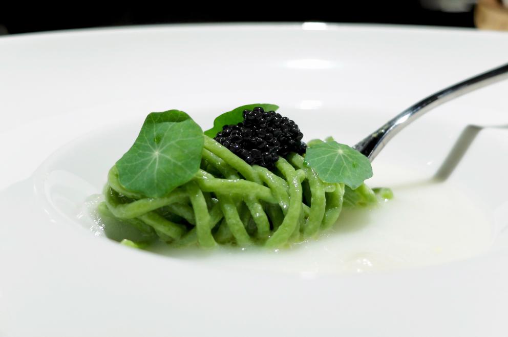 PhotogalleryOur dinner at Stube Gourmet, depicted by Tanio Liotta. We start with Duck breast, pumpkin mostarda, sesame wafer and tarragon 
Savoury cone with veal steak tartare, marjoram and salmon roe
A reconstructed tomato: mousse of tomato, vegetal carbon, mousse of almonds, basil gel
Fake peanut with foie gras, cocoa butter, horn of plenty 
Excellent bread and butter
Giardino di verdure, terra di mandorla, formaggio caprino: marinated, dehydrated, raw or cooked vegetables, with powdered beetroots, almonds and goat cheese
Codfish pearls, dashi broth, ginger, coriander. These gnocchetti look like they&rsquo;re made with potatoes but it&rsquo;s cod and flour
