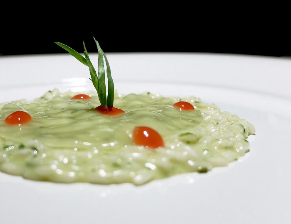 PhotogalleryOur dinner at Stube Gourmet, depicted by Tanio Liotta. We start with Duck breast, pumpkin mostarda, sesame wafer and tarragon 
Savoury cone with veal steak tartare, marjoram and salmon roe
A reconstructed tomato: mousse of tomato, vegetal carbon, mousse of almonds, basil gel
Fake peanut with foie gras, cocoa butter, horn of plenty 
Excellent bread and butter
Giardino di verdure, terra di mandorla, formaggio caprino: marinated, dehydrated, raw or cooked vegetables, with powdered beetroots, almonds and goat cheese
Codfish pearls, dashi broth, ginger, coriander. These gnocchetti look like they&rsquo;re made with potatoes but it&rsquo;s cod and flour
Spaghetti with spinach chlorophyll, daikon, mozzarella, herring roe. The mozzarella is in fact mozzarella water, daikon is in the shape of gel, plus nasturtium sprouts
