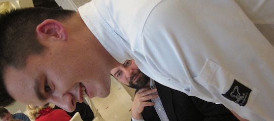 Galleria fotograficaParticolare della giacca da cuoca di Antonella Millarte, gastronoma, appassionata sostenitrice della causa della qualit&agrave; dell'agro-alimentare pugliese. Ha presentato l'intera giornata di Qoco 2011 alla Tenuta Cocevola ad AndriaLo chef Ishii Hidenao e il giornalista Shingeru Haiashi, socio di Eataly in Giappone
Posate surgelate per il sashimiL'Insalata di orata cruda di Ishii HidenaoYuko Suyama, giornalista giapponese da tempo trapiantata a MilanoAntonella Millarte con Bill Knott, Elisabeth Minchilli e Lucy GordanLa Calamarata con ceci neri, gamberi crudi e bottarga di muggine di Alex Pilas, il responsabile di tutta la ristorazione di Eataly New York. Alle sue dipendenze oltre 400 personeAlex Pilas con Luciana Doronzo (Regione Puglia)Oscar Farinetti a Qoco 2011L'occhio di Elvio Gorelli, telereporter brindisino, da tempo residente nel Canton Ticino
Il Baccal&agrave; Gadus Morhua su pinzimonio invernale, zimino di bietole e olio extravergine d'oliva cultivar Coratina, secondo di pesce di Enrico PaneroSempre lo straordinario baccal&agrave; di Enrico Panero