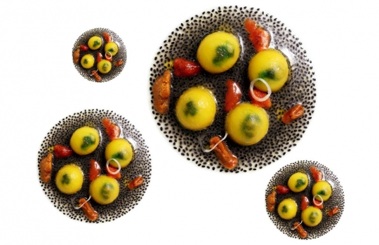 Galleria fotografica






Ravioli di latte di capra con funghi porcini alle erbe (1997)
La madre di tutte le paste ripiene craccobaronettiane.  Genesi 1997, in pieno fermento creativo alle Clivie. "E' il primo esempio di raviolo a bottone - rammenta Baronetto - Ricordo che andavo nel weekend a Giaveno, armato di tanica di plastica a comprare il latte di capra da un piccolo produttore. La cagliata era la farcia del raviolo: a contatto col caldo della cottura il ripieno si liquefaceva». Pasta ripiena d’estro ante-litteram. Un primo tornato in carta spesso negli anni milanesi. Prossimamente con asparagi verdi e tartufo nero (foto Italy behind the obvious)








Spaghetti fritti con composta di pomodoro e basilico fritto (2002)
Gli spaghetti sono cotti normalmente e poi fritti. Interessante la composta di pomodoro impigliata: si ottiene cucinando le solanacee interee in forno, su un letto di sale. Una volta scolate, ne rimane solo la polpa, un concentrato di gusto che poi si trita, condisce e incastra tra i rami di grano duro e il basilico fritto (Foto Bob Noto)








Rigatoni fritti, crema di broccolo e cozze (2003)
Anche qui, la pasta è cotta e poi fritta per un paio di minuti in padella, "come fosse una patatina". Troviamo così per la prima volta i rigatoni, un formato molto apprezzato da C&B: "E' per l'aria, per la cavità che racchiudono: sono belli e intrappolano il condimento, come dei mini-cannelloni" (Foto Bob Noto)








Garganelli d'uovo marinato alla amatriciana (2004)
I Garganelli al ragù sono la prima declinazione della tecnica dell'uovo marinato su un primo piatto: la denaturazione delle proteine del tuorlo, marinato nel sale e nello zucchero, origina una consistenza solida. E' l'affermazione dell'uovo come icona della cucina di Cracco. Dal 2004, la tecnica incontrerà numerose applicazioni ed evoluzioni: vedi il piatto in foto, oppure i celebri Spaghetti d’uovo marinato, ricci di mare e caffè (2009). E un terzo esempio ancora più recente alla fine di questa stessa gallery (foto Made in Photos)








Paccheri di gruyère (2004)
Un esempio di pasta non-pasta, un filone che negli anni ha coinvolto diversi cuochi (poco, a dire il vero, C&B). "Pasta non-pasta" perché, in questo caso, i paccheri non sono di grano duro ma di gruyère, formaggio svizzero. Il "pacchero" è servito su un'insalata. E' un piatto d'intermezzo, non confinabile al regno dei primi (Foto Bob Noto)








Tagliatelle di patate, alici e broccoli (2004)
Le tagliatelle sono in realtà gnocchi dalla forma allungata. Sono lasciate asciugare in cella e cotte normalmente. Il gusto è più dominante di quello di una tagliatela all'uovo. In stagione, ben accette le lamelle di tartufo (Foto Bob Noto)





