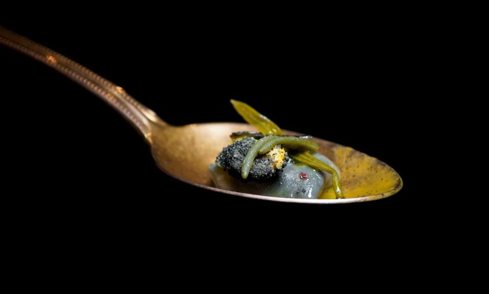 A spoon with one of the ravioli from Un coniglio al mare, a dish from the Parallels Experience menu at Il Pagliaccio in Rome. Chef Anthony Genovese is in a state of grace. Photo Tanio Liotta
