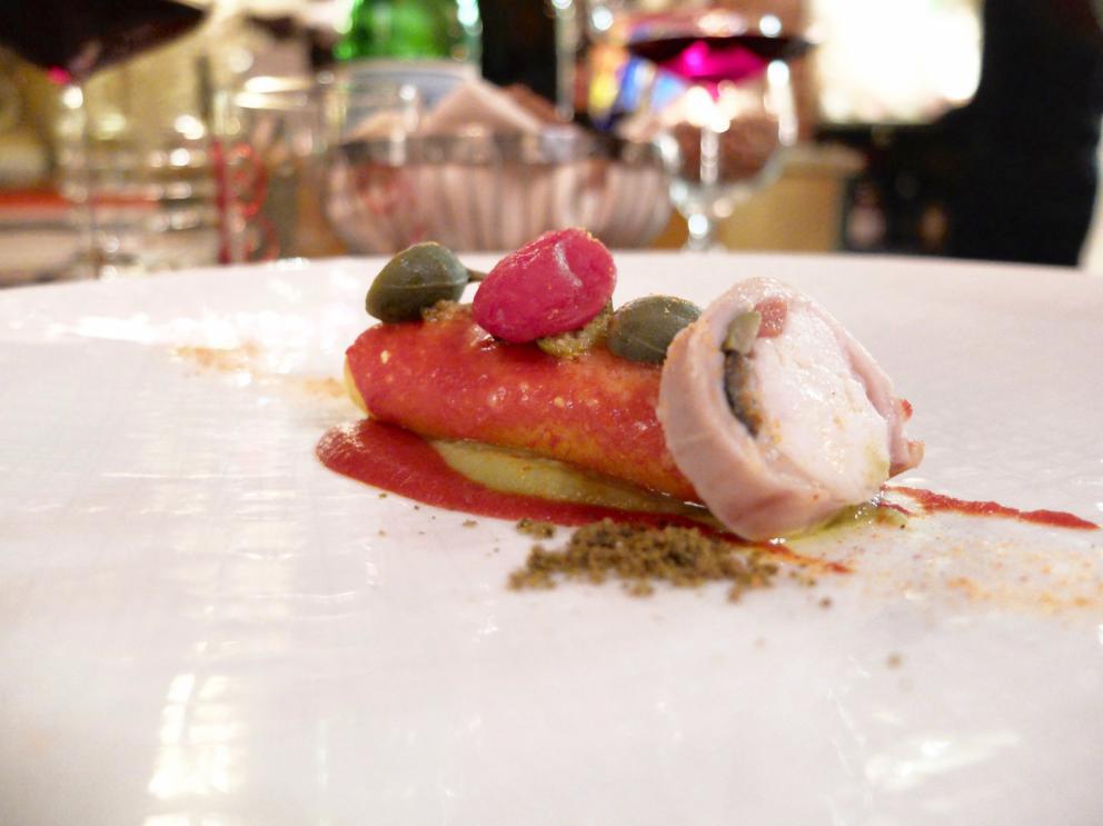 Photogallery






Our dinner at Cum Quibus in San Gimignano, portrayed by Tanio Liotta. We start with Fake green olive, garlic, oil and chilli pepper, olive crumble 









Mezzovo®: egg yolk, soffice di pecorino di Pienza, truffle, a classic by Sparacino. It’s even a trademark...









Pearl of liver with squid ink. Very good and persistent









Pizza liquida: mousse of bread, tomato, anchovies, oregano









Squid, panzanella, Parmigiano, basil, balsamic vinegar. The squid is seared, filled with panzanella, plus tomato jus, drops of balsamic vinegar, a wafer of Parmigiano and both fresh and fried basil









Bufala di capra e tartufo: fake mozzarella made with a mousse of goat cheese









Liver, mackerel, vinsanto, capers, lard









Foie gras Bavarian mousse, gel of miso, liquorice, chilli pepper, shallot, sea weeds. Great balance, a very elegant and aromatic dish









Buttons of lamb sweetbreads, garam masala, sour cream, fennel






