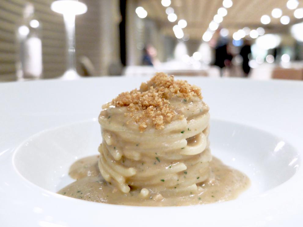 Photogallery






Our journey as portrayed by Tanio Liotta. We start with a long series of entrees, like Sausage from Bra with leeks and cabbage wafer 









Quenelle of scampi, cream of veal brains, catalogna chicory and ginger 









Mousse of parsley and anchovies









Tartufino with hen paté, onions, Porto and powdered mushrooms 









Mozzarellina, tomato and basil









Wafer of Senatore Cappelli wheat, buffalo milk butter and wild fennel









Grissino and salami









Steamed bun, veal tongue and bagnetto rosso









Bread, butter and oil, powdered garlic and Pomodoro









Cauliflower cannolo, mousse of Seirass del Fen, almond and lemon 









Raw amberjack, beetroot in carpione and pepper...









...followed by beetroot "nature"









Toasted bread, butter, Jerusalem artichoke, preserved garlic and white truffle from Alba









Raw meat, turnip tops, sea urchins and Murazzano









Raw meat, broth with white truffle from Alba









Chiocciole di Cherasco, savoy cabbage, lard and “preserved” garlic









Fried Jerusalem artichoke and white truffle from Alba









Egg alla Rossini and white truffle from Alba. The egg is cooked at low temperature. Plus there-s the foie gras mousse, Madeira, pan brioche and balsamic vinegar 









Vitello “tonné”









Vegetables, quail egg, cream of leek, Jerusalem artichoke and mushrooms 









Ravioli “Ris e còi”. Còi means cabbage. It’s based on a poor Piedmontese dish






