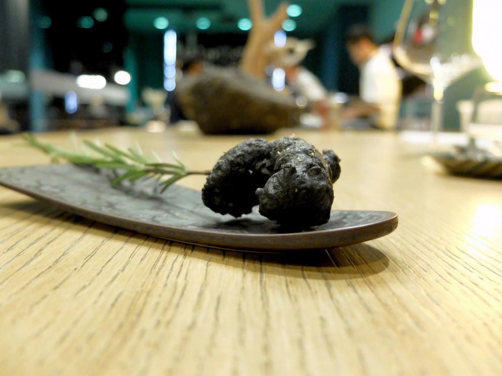 PhotogalleryThe tasting at Tokuyoshi&rsquo;s begins with Lacrime di verdura, mottainai broth, which is the Japanese to say &ldquo;what a waste&rdquo;, more or less. It&rsquo;s made with vegetable scraps, infused for 48 hours. It&rsquo;s delicious. The first tasting &ndash; the photos are by Tanio Liotta&nbsp;&ndash; is the sweet and savoury Crostatina di melanzane alla parmigiana
