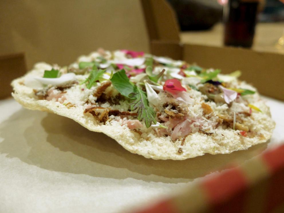 PhotogalleryThe tasting at Tokuyoshi&rsquo;s begins with Lacrime di verdura, mottainai broth, which is the Japanese to say &ldquo;what a waste&rdquo;, more or less. It&rsquo;s made with vegetable scraps, infused for 48 hours. It&rsquo;s delicious. The first tasting &ndash; the photos are by Tanio Liotta&nbsp;&ndash; is the sweet and savoury Crostatina di melanzane alla parmigiana
Pianta & radici, scampi in tempura with vegetal carbon
Sicilian cannoli filled with creamed salted cod 
