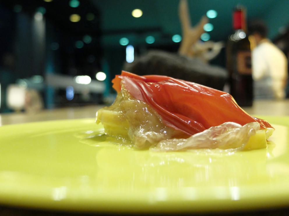 PhotogalleryThe tasting at Tokuyoshi&rsquo;s begins with Lacrime di verdura, mottainai broth, which is the Japanese to say &ldquo;what a waste&rdquo;, more or less. It&rsquo;s made with vegetable scraps, infused for 48 hours. It&rsquo;s delicious. The first tasting &ndash; the photos are by Tanio Liotta&nbsp;&ndash; is the sweet and savoury Crostatina di melanzane alla parmigiana
Pianta & radici, scampi in tempura with vegetal carbon
Sicilian cannoli filled with creamed salted cod 
Pizza Anna, a light version of pizza capricciosa, to share: the base is made with puffed rice, then tomato sauce, wafers of Parmigiano, cooked ham, mortadella, capers, anchovies and fried artichokes. Paired with a broth of capers
Tanti cilindri: scallops, roots, Breton sea urchins, plankton, black cabbage, carrot, cherries, peach, radish, nasturtium, fermented carrot juice... A fantastic, very elegant dish
Da leccarsi le dita: delicious eel rolled in panko, Japanese Amakusa salt (very mineral), pepper. You dip it in furikake sauce, made with fish and capon stock, with pepper from Makuaw, Taiwan, very citrusy
Ginger beer and lemon grass to cleanse the palate
