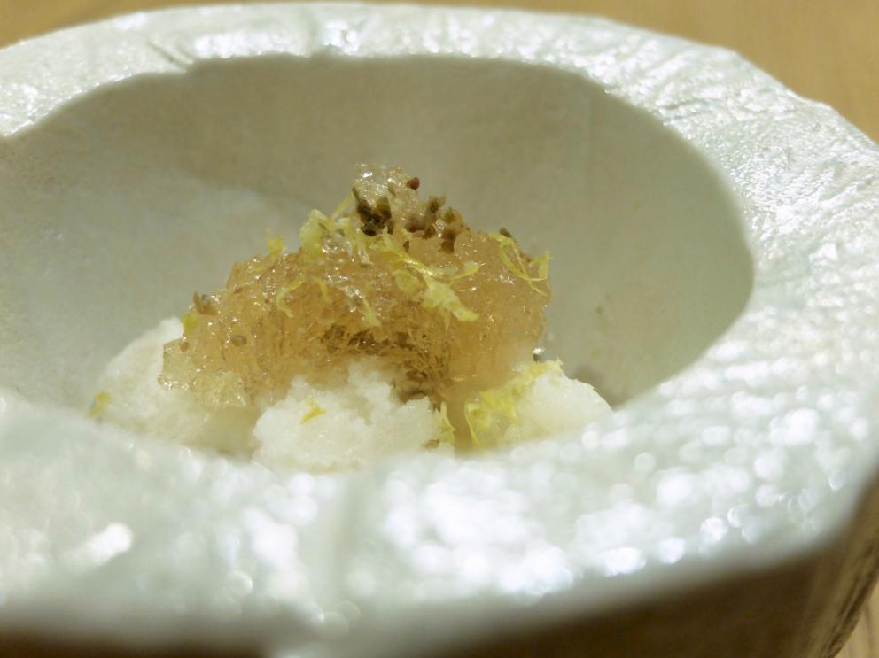 PhotogalleryThe tasting at Tokuyoshi&rsquo;s begins with Lacrime di verdura, mottainai broth, which is the Japanese to say &ldquo;what a waste&rdquo;, more or less. It&rsquo;s made with vegetable scraps, infused for 48 hours. It&rsquo;s delicious. The first tasting &ndash; the photos are by Tanio Liotta&nbsp;&ndash; is the sweet and savoury Crostatina di melanzane alla parmigiana
Pianta & radici, scampi in tempura with vegetal carbon
Sicilian cannoli filled with creamed salted cod 
Pizza Anna, a light version of pizza capricciosa, to share: the base is made with puffed rice, then tomato sauce, wafers of Parmigiano, cooked ham, mortadella, capers, anchovies and fried artichokes. Paired with a broth of capers
Tanti cilindri: scallops, roots, Breton sea urchins, plankton, black cabbage, carrot, cherries, peach, radish, nasturtium, fermented carrot juice... A fantastic, very elegant dish
Da leccarsi le dita: delicious eel rolled in panko, Japanese Amakusa salt (very mineral), pepper. You dip it in furikake sauce, made with fish and capon stock, with pepper from Makuaw, Taiwan, very citrusy
Ginger beer and lemon grass to cleanse the palate
Tagliatelle, lardo di wagyu di Kyoto, foglia di pomodoro: homemade tagliatelle made with lard from Japanese beef prepared by Tokuyoshi&nbsp;according to Italian tradition and matured 2 months, then bergamot and Parmigiano. Paired with Via Emilia broth, with capon, crust of Parmigiano, prosciutto and mortadella
Lingua &&nbsp;coda: veal tongue and monkfish, seasoned sauces made with their respective jus, the latter adding some tomato water, plus turnip tops and broth of capers
Deer fillet from Zivieri, pur&eacute;e of purple potatoes, leek, black truffle from the Apennine. The meat is glazed in mottainai broth and teriaki. Paired with a broth of red fruits and beetroot. A great dish
Mallard with its civet, rhubarb leaves, sea asparagus and crispy rice with saffron (pan fried). Absolutely delicious
Mallard liver on crispy chips and civet sauce. Paired with lentil broth
