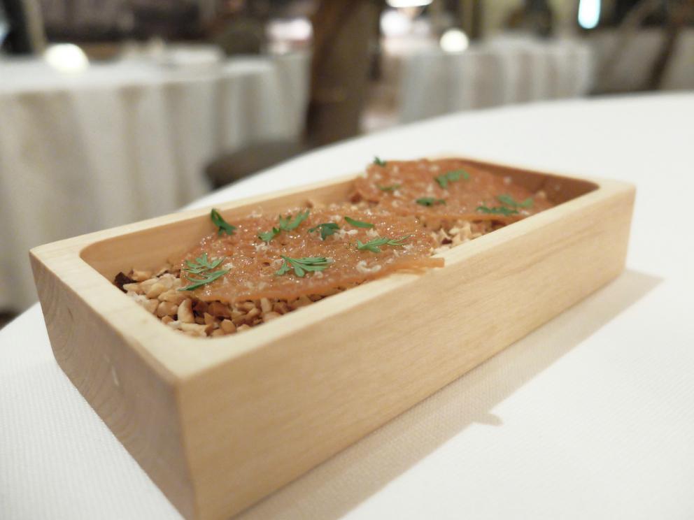 PhotogalleryOur dinner at Paolo Griffa&rsquo;s, in the photos by Tanio Liotta. We start with a long selection of appetisers. In this case, Trout marinated in beetroot juice 
Savoury churros with squid ink
Fried bread and smoked eel 
Cone of goat cheese and olives 
Moscow Mule in a sphere of white chocolate 
