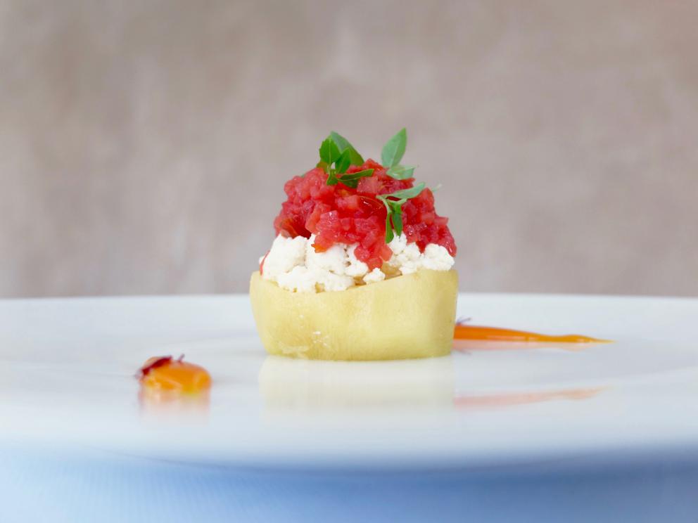 Photogallery






Our dinner, in Tanio Liotta's photos. First appetizers: Fried chicken skin with tomato mayonnaise and a new take on the "alla bella Rosina" egg - in this case the egg is a quail egg with passion fruit









Fried nettles with Maldon salt​









Cruschi peppers with fresh ricotta, Marinated mackerel with chia chips









Sausage from Bra in Roman cabbage, Lardo, cucumber and sesame seeds, Corn chips, tomato sauce and avocado









Italian style cheviche: raw ombrina, coriander oil, juniper, sauce of cherry tomatoes, of chilli pepper, of orange, of beetroot. Very good






