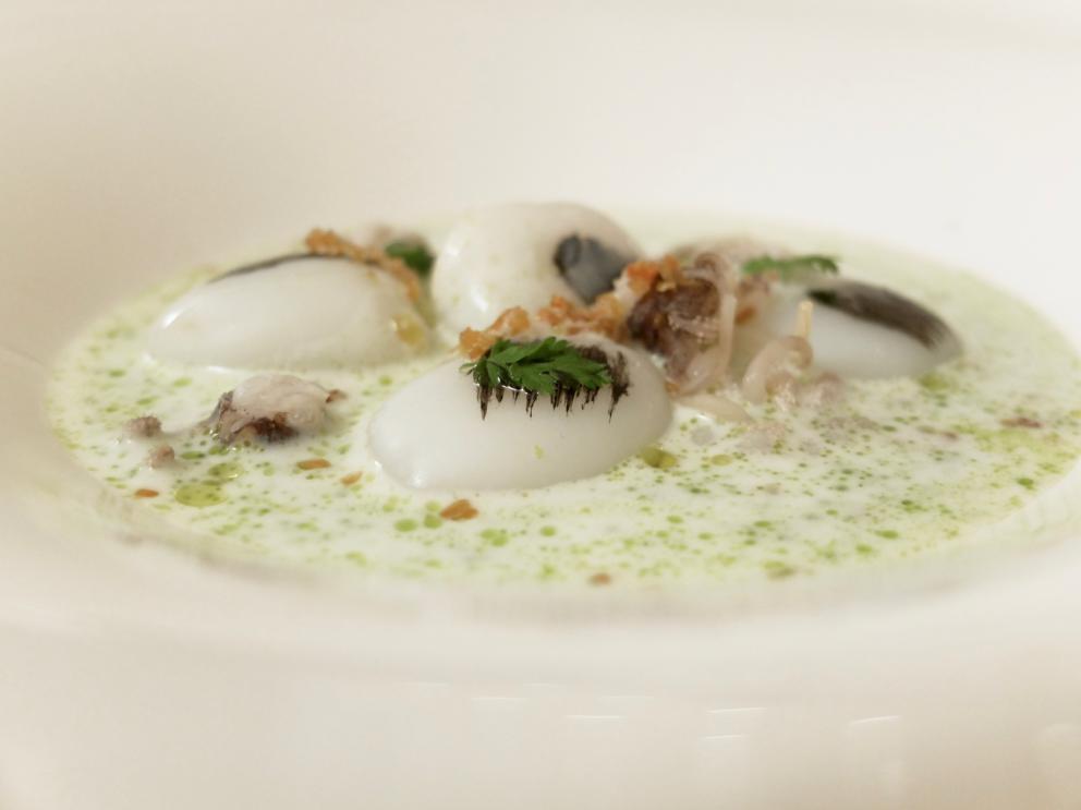 Galleria fotograficaLa nostra cena negli scatti di Tanio Liotta. S'inizia tranquilli con Crema di caprino, pere e noci
Cannolo di mais, tartare di manzo, confettura di fichi. Qui l'aroma della confettura &egrave; fin troppo prevalente, ma gi&agrave; si evidenzia una (bella) caratteristica della cucina di Pepe: l'uso intelligente delle note dolci, anche nei piatti salati
Biscotto d'acciughe, gel d'arancia, finocchio, olive nere
Spugna di prezzemolo, maionese al peperoncino
Calamari, air bag al nero di seppia, crema al bergamotto
Molto interessante la Genovese di seppie e bufala. Le seppie sono cotte a bassa temperatura, texture ovviamente perfetta. Poi salsa al nero, genovese di cipolle e acqua di bufala affumicata. Bei contrasti, ce ne fosse anche uno in pi&ugrave; (manca infatti un tocco acido) sarebbe un grandissimo piatto. &Egrave; "solo" buono
