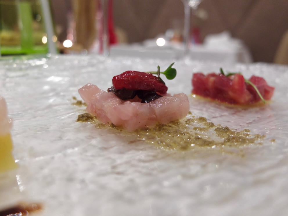 Photogallery






Our dinner at Gambero Rosso in the photos by Tanio Liotta. We start with the appetizers: Focaccina with lampuga, capers and yellow date tomatoes









Pinsetta with alalunga tuna and red date tomatoes









Prawn and lard sandwich









Corallino tomato filled with burrata and scales of tuna bottarga









Raw scampi, cucumber granita and Siberian caviar









Tris of tartare: this one is with tuna, red onions and cherry tomatoes…






