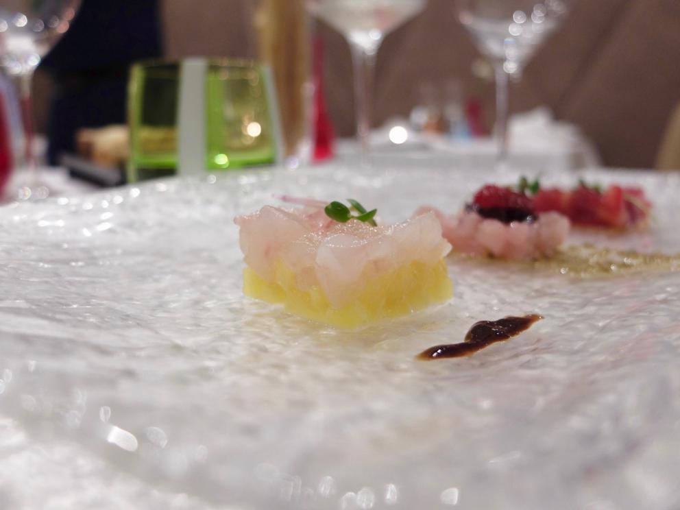 Photogallery






Our dinner at Gambero Rosso in the photos by Tanio Liotta. We start with the appetizers: Focaccina with lampuga, capers and yellow date tomatoes









Pinsetta with alalunga tuna and red date tomatoes









Prawn and lard sandwich









Corallino tomato filled with burrata and scales of tuna bottarga









Raw scampi, cucumber granita and Siberian caviar









Tris of tartare: this one is with tuna, red onions and cherry tomatoes…









Second tartare: amberjack, black olives, pesto of capers, oil aromatised with vanilla and tomato confit






