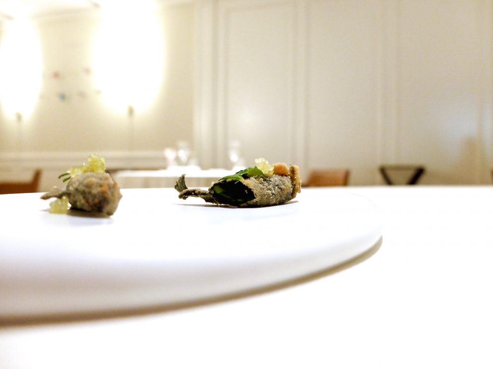 Galleria fotografica






Cannolo di erbe fritto con cavolo nero, sopra una gelatina di carpione (fotogallery di Tanio Liotta)









Melanzana moderna, cotta al forno intera, poi ricomposta. Con foglia di tetragona









Caramella di cipolla, mango e fegato grasso. La cipolla viene seccata per ricavarne un velo, poi messa sulla teglia e completata col ripieno. «E' la tecnica dei brigidini», racconta Bartolini, scusate la rima. Tipici di Lamporecchio, lui è di Larciano, 6 km scarsi di distanza









Patata soffice, uovo e uova






