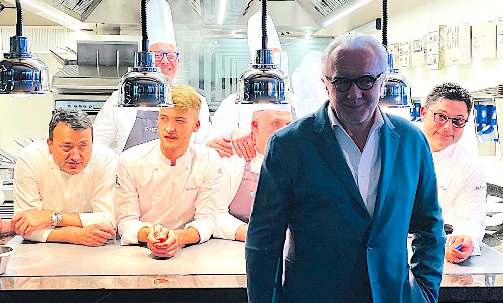 Left to right, Alain Ducasse posing in front of the Comandante's pass, Stéphane Petit, who will lead the Ristorante Alain Ducasse in Rome, and Salvatore Bianco, the Comandante's executive. All photos from Paolo Marchi

