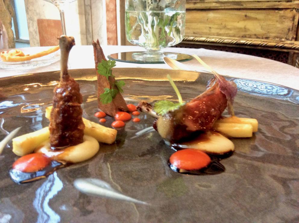 Photogallery






Various appetizers to begin with: Puffed pasta with carbonara sauce, Sponge of broccoli with salmon roe, Black cabbage and rice brittle...









Marinated salted codfish, pineapple, hazelnut mayonnaise: very good









Another excellently made starter: Marinated, seared and smoked amberjack, curly endive, oyster sauce and umeboshi









Foie gras terrine, beef steak tartare, annurca apple, mustard and tarragon 









A very nice Risotto with lemons from Amalfi, sea truffles, asparagus, buffalo milk yogurt. The citrus fruits are in 4 versions: salty, baked, grated and candied, plus there's a little citron









Stile, at Enoteca La Torre since February 2016 taking the place of Danilo Ciavattini, who's instead replaced Kotaro Noda, shows he's a master of pasta with these Spaghetti, wild octopus Bolognese sauce, jalapeno and bergamot









Villeroy Lamb, with potatoes, champignons, porcini, black truffle






