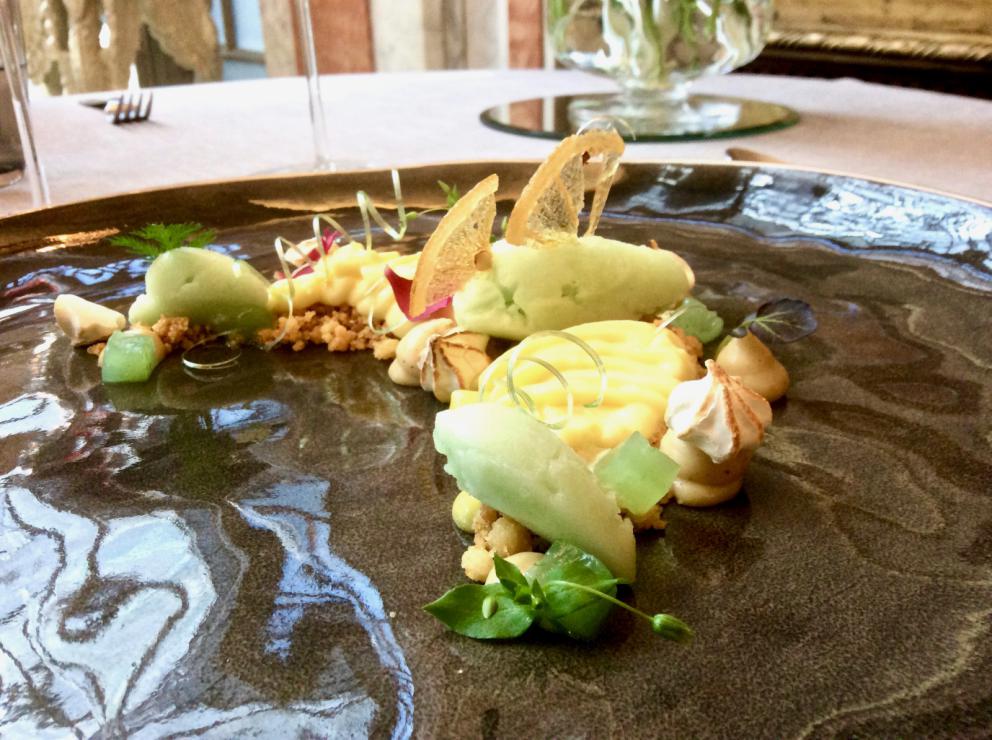 Photogallery






Various appetizers to begin with: Puffed pasta with carbonara sauce, Sponge of broccoli with salmon roe, Black cabbage and rice brittle...









Marinated salted codfish, pineapple, hazelnut mayonnaise: very good









Another excellently made starter: Marinated, seared and smoked amberjack, curly endive, oyster sauce and umeboshi









Foie gras terrine, beef steak tartare, annurca apple, mustard and tarragon 









A very nice Risotto with lemons from Amalfi, sea truffles, asparagus, buffalo milk yogurt. The citrus fruits are in 4 versions: salty, baked, grated and candied, plus there's a little citron









Stile, at Enoteca La Torre since February 2016 taking the place of Danilo Ciavattini, who's instead replaced Kotaro Noda, shows he's a master of pasta with these Spaghetti, wild octopus Bolognese sauce, jalapeno and bergamot









Villeroy Lamb, with potatoes, champignons, porcini, black truffle









Pigeon marinated in soy, celeriac and tomato chutney. The leg is minced, formed once again and fried with corn flakes; the liver is in the shape of a sandwich. The second courses were less convincing than the rest









Excellent cakes, also thanks to pastry chef Veronica Cassone, 24, previously at Glass: this is Soffice di cheesecake, fermented fruits of the forest and lemon thyme 






