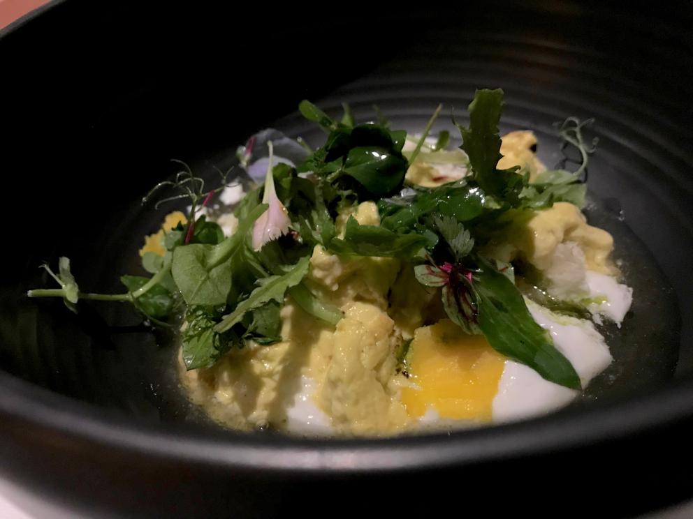 Galleria fotograficaS'inizia con un cocktail
Brodo&nbsp;di scorfano, mandorla affumicata, limone e olio al lardo&nbsp;con Pelle di scorfano essiccata, biscotto salato, finta mandorla di scorfano fresco
Gel di geranio odoroso, cialda di patata. Molto piacevole
Cialda di zuppa di cipolle, pecorino
Terrina di fegatini di pollo, cialda di creste e gel di mais
Puntarella fresca con colatura di alici, terra commestibile di malto e birra. A lato un grissino agli aghi di pino
Arriva il burro da accompagnare col pane (vedi la foto successiva) e il moldavo Maxim (&laquo;Sono da 10 anni in Italia&raquo;) lo&nbsp;aromatizza al momento, con sale integrale, cacao o rosmarino, a scelta del commensale
Pane di patate e burro del Mugello. Il pane &egrave; autoprodotto con un lievito madre di 70 anni. Molto buono
Gambero rosso di Mazara del Vallo, appena scottato, con tapioca, composta di limone, riduzione di vermuth bianco Macchia e bisque. Delizioso, bei contrasti aromatici dolci-salati-amari-agrumati. A parte, le gambette del gambero stesso, fritte, con una salsa alla paprika
Il bravo responsabile di sala Davide Bresciani prepara al tavolo la proposta successiva
