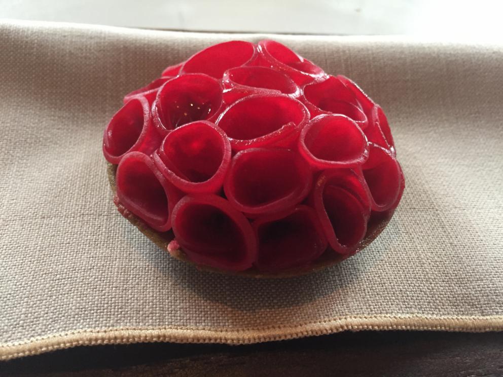 Photogallery






The traditional welcome at Noma: the chefs from the service kitchen greet the guests. In the middle, Italian Riccardo Canella, who will help us describing the last menu in detail (photo gallery by Luca Iaccarino and Gabriele Zanatta)









Warm broth of cloudberries. It’s the last welcome dish at Noma. It’s cold outside but as soon as you sit inside, you get warm thanks to this hot broth made with cloudberries enriched with rhubarb root oil. You dip a bouquet of hay, lemon thyme and mountain pine. Corroborating









Riccardo Canella brings a preview of what will follow









It’s a dish with seafood, including a huge (and alive) king crab, sea urchins and oysters









Apple of the season









Apple of the season. Once you open the shell, many small apple parisienne appear in a juice made with centrifuged, clarified apple scraps, seasoned with verbena and thyme. There’s also a purée of apples fermented in broth. The dish is finished with oxalis flowers, tagete and oil of blackcurrant wood, made by beating the blackcurrant branches with a hammer, so as to extract their essential oils. A very pleasant dish despite its complex idea.

"The first time I saw it ", added Canella, "I was struck because it reminded me of the stuffed apples they used to make at restaurant Bulesca in Selvazzano, Padua, in the early Eighties. Except in that case it was filled with rolls made with granny smith apple and prosciutto from Montagnana" 









Fresh sliced scallop. It’s a scallop taken from the fish tank and shelled a few moments before serving it. It is then sliced, brushed with a reduction of vegetable whipped butter with cucumber centrifuge juice, then reduced, and piso broth (that is to say miso with dehydrated peas).

The technique is the same used for the broth ice-clarification made famous in the Nineties by Heston Blumenthal at Fat Duck: you freeze the broth then hang a table cloth so as to obtain the “pure” part of the liquid. A trick that adds the same satisfying sensation of a meat jus to a vegetable broth. The scallop is finally dipped into a classic mussel broth. An incredible mouthful of seafood and umami









A Winter Platter. Hidden among the leaves, are four edible tastings









He sums up in just one dish 4 snacks that he might would have served separately a few years back. A fun and tasty idea. In detail:

At 6 o’clock: Pear pressed in fermented red gooseberry with fully ripe common sea buckthorn. It’s a rather tart ensemble made sweeter by piso (again miso made with dried peas) seasoned with coriander seeds (supplied by Redzepi’s historic supplier Soren Wiuff). The external thinner leaf is a peel made with chicken broth and beech leaves preserved in vinegar.

10 o'clock: crispy black currant leaf-shaped sandwich, seasoned with yogurt, kombucha, elderberry flowers and red oxalis 

12 o'clock: malt branch with nasturtium leaves, creme fraiche, salt aromatised with pine and ants

4 o'clock: black garlic leaf with salt aromatised with kelp, a Japanese seaweed 









A detail of the malt branch, with well visible ants. At Noma, the study of the aromatic contribution given by formic acid to dishes continues. And even the service acquires elegance: in the past you might have seen ants floating in a few dishes. This is no longer the case









A Tupperware from the "ant library", on the first floor at Strangade






