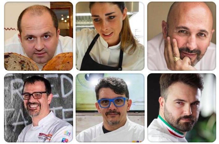 I protagonisti del pranzo Grandi Cuochi all’Opera di domenica 28 ottobre, ore 12. Da sinistra in alto, in senso orario: Antonio Cera, Lucia De Prai, Andrea Ribaldone, Enrico Croatti, Paco Magri e Antonio Guida. Donazione minima 100 euro. Informazioni e prenotazioni +39.392.7718965 e 800.825144
