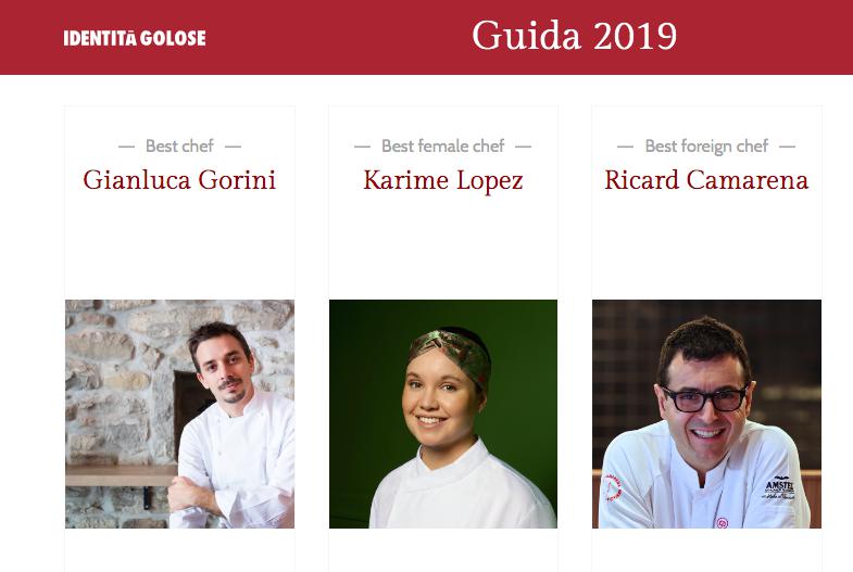 A screenshot with some of the people awarded by the Guida ai Ristoranti d'Italia, Europa e Mondo di Identità Golose 2019, Identità Golose’s guide to restaurants in Italy, Europe and the rest of the world. As of ten days ago, it’s also available in English. Click here to read the reviews