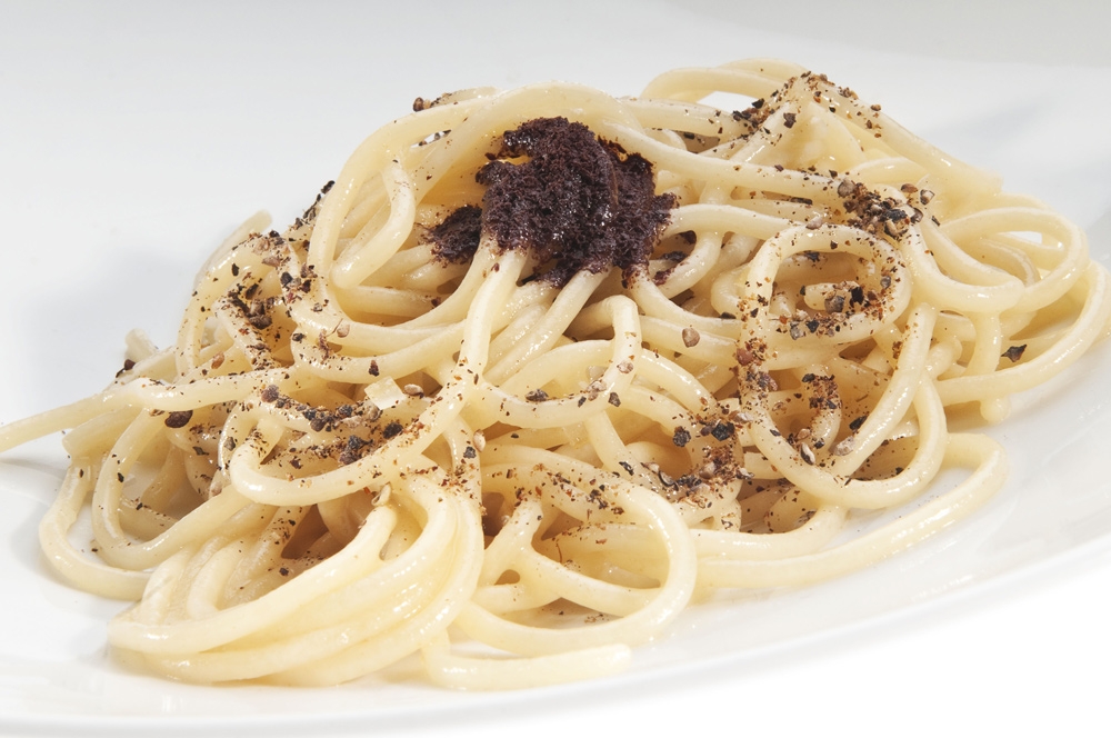 Bronze drawn spaghetti, cacio, pepper, juniper and chocolate