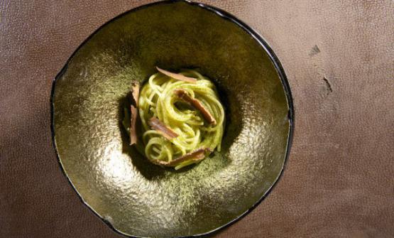 Gli Spaghetti con tè matcha, wasabi e pepe sansh