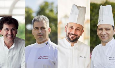 Un poker di chef per le cene targate Belmond hotel in via Romagnosi, da mercoledì 27 febbraio a sabato 2 marzo. Da sinistra Davide Bisetto, Luís Pestana, Roberto Toro e Mimmo di Raffaele. Per informazioni e prenotazioni, consultare il sito ufficiale 
