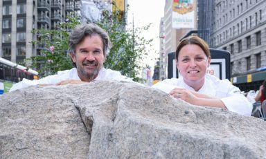 Carlo Cracco and Melissa Rodriguez, executive chef at Del Posto in New York, authors of the second lesson at Identità New York (photo Brambilla/Serrani)
