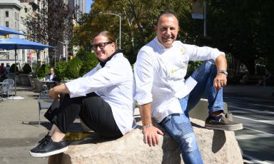 Missy Robbins, chef di Lilia a Brooklyn, e Fortunato Nicotra di Felidia, co-autori dell'ultima lezione di Identità New York numero 10 (foto Brambilla/Serrani)
