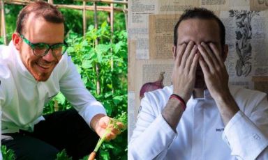 Due foto che riassumono il mestiere di Jorg Giubbani, chef del ristorante Orto, contenuto nell'hotel Villa Edera di Moneglia (Genova): ispezionare quotidianamente l'orto e poi spremersi le meningi in cucina
