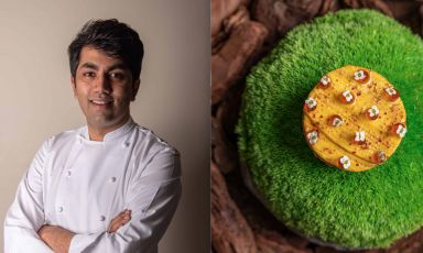 Himanshu Saini, chef at Trèsind Studio in Dubai (UAE, one Michelin star) and a signature dish from his tasting menu 'Tasting India' (Banana, raw and ripened, served on a miso chilli tartlet with yellow peppers, smoked tomato chutney and balsamic vinegar)
