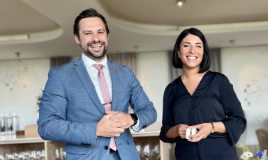 Mattia Spedicato, from Lecce, and Giulia Caffiero, from Cagliari, respectively restaurant manager and floor manager at Geranium, in Copenhagen, the new Best restaurant in the world according to the World's 50 Best (photos from Gabriele Zanatta)
